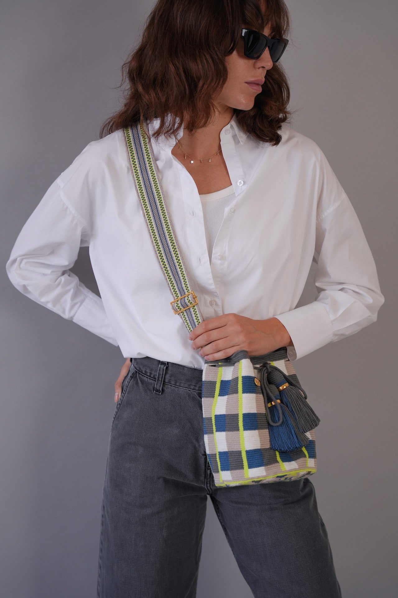 Large Bogota Bucket Bag – Blue Jean, Neon Yellow, Ash & White with Adjustable Strap