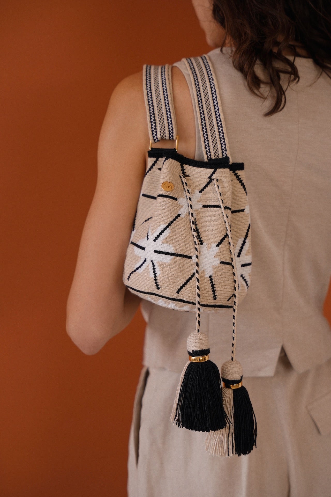 Small Anemone Bag - Beige, White & Black with Adjustable Strap