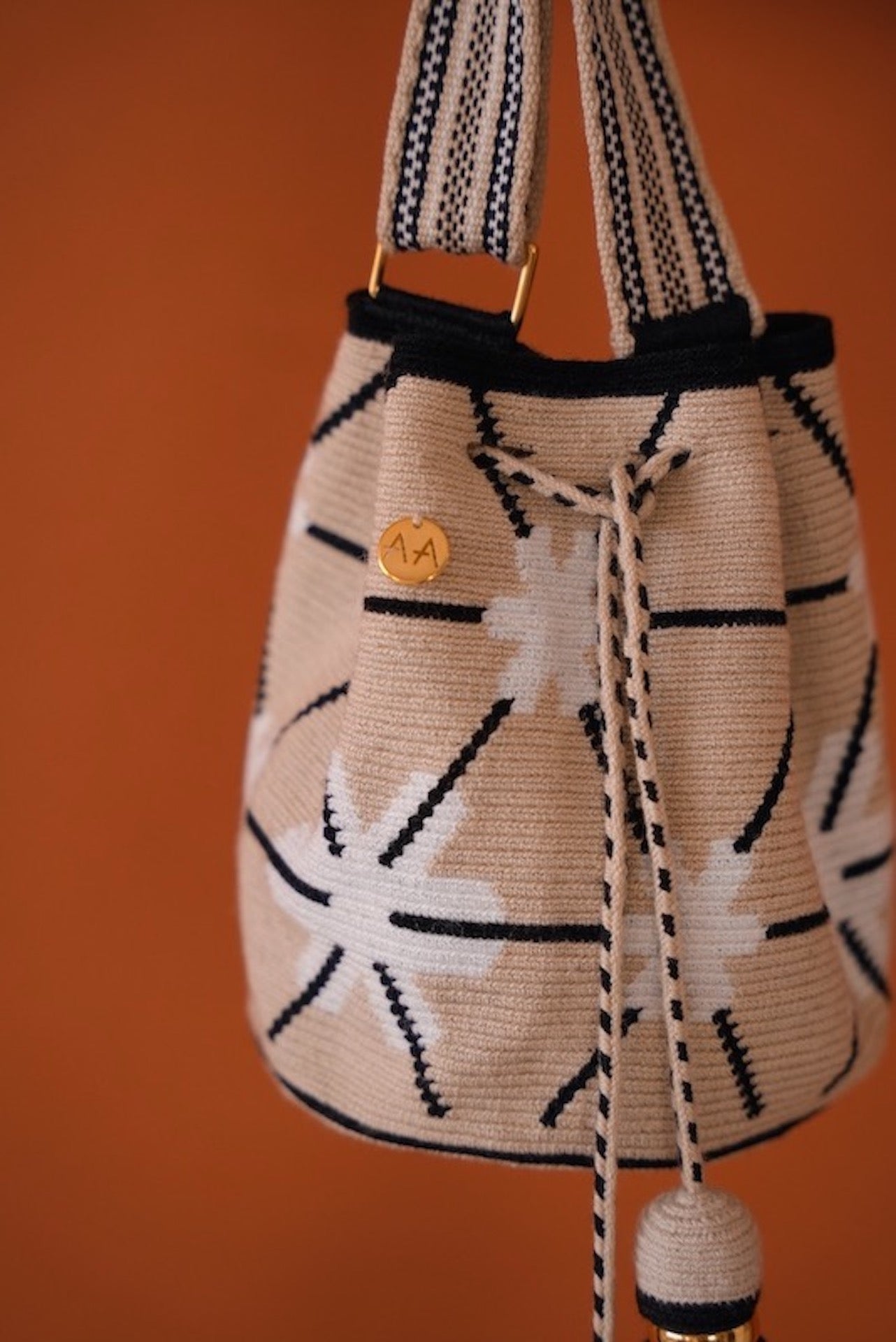 Small Anemone Bag - Beige, White & Black with Adjustable Strap