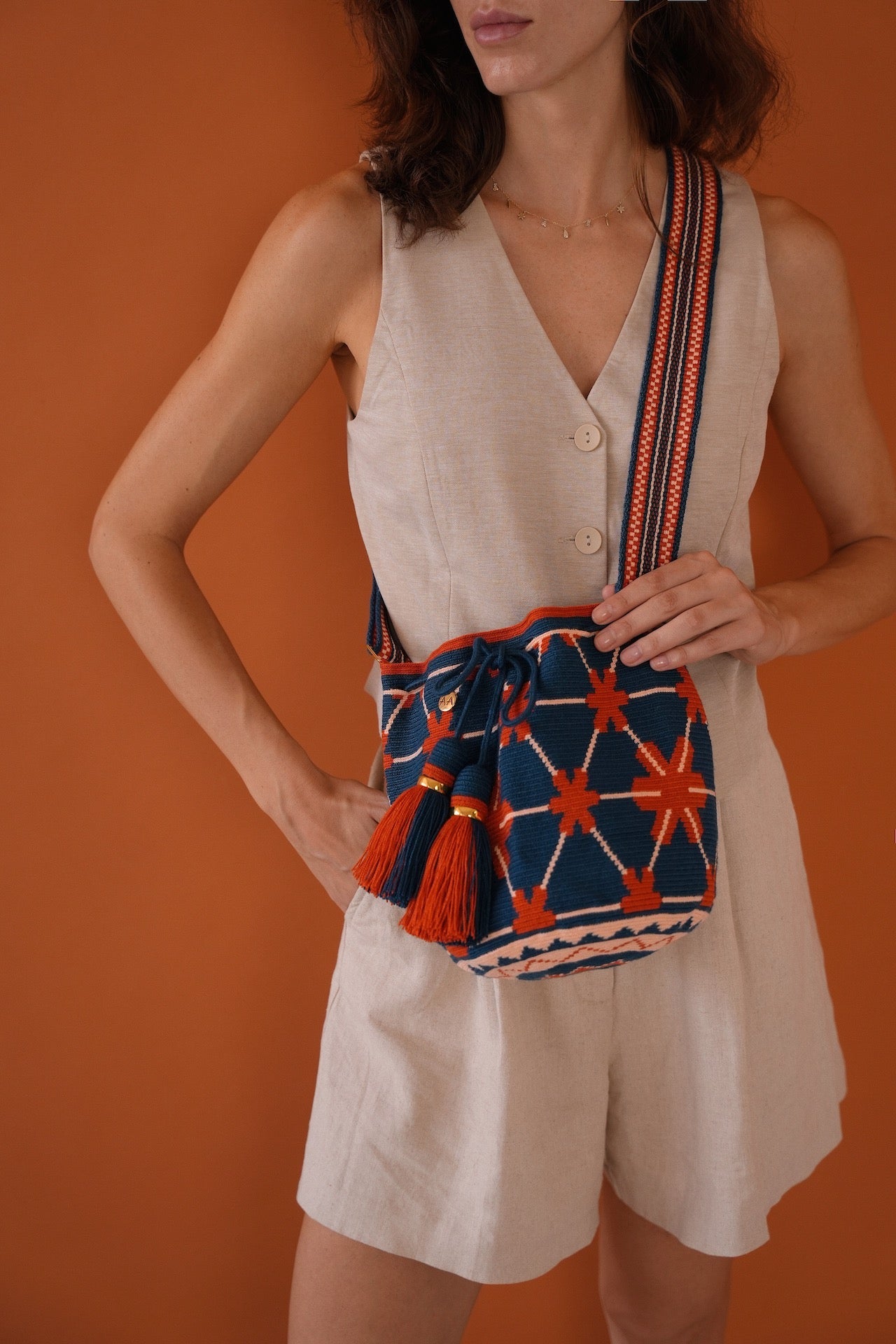 Large Anemone Handbag - Navy, Rust & Powder with Adjustable strap