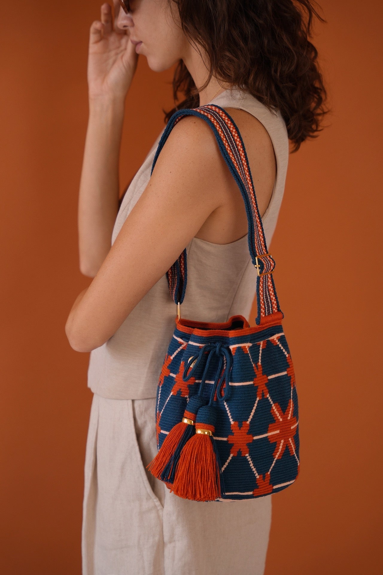 Large Anemone Handbag - Navy, Rust & Powder with Adjustable strap