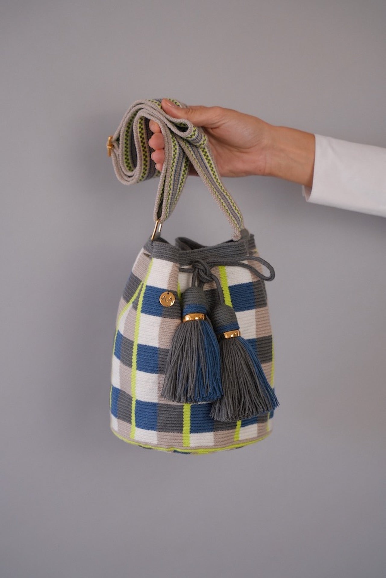 Large Bogota Bucket Bag – Blue Jean, Neon Yellow, Ash & White with Adjustable Strap