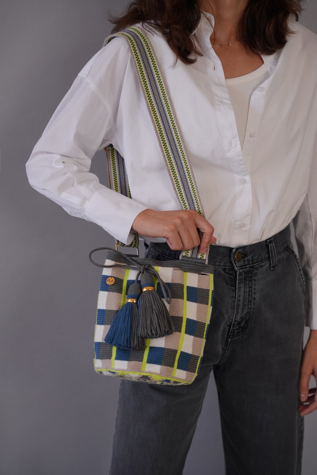 Large Bogota Bucket Bag – Blue Jean, Neon Yellow, Ash & White with Adjustable Strap