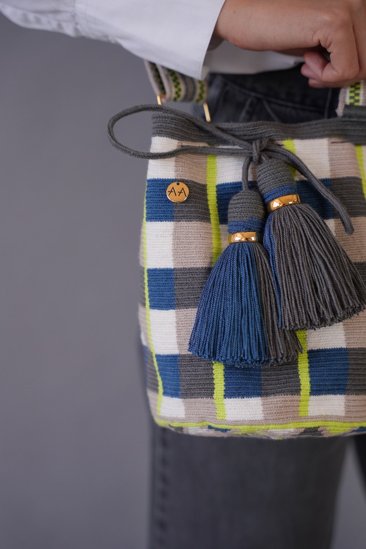 Large Bogota Bucket Bag – Blue Jean, Neon Yellow, Ash & White with Adjustable Strap