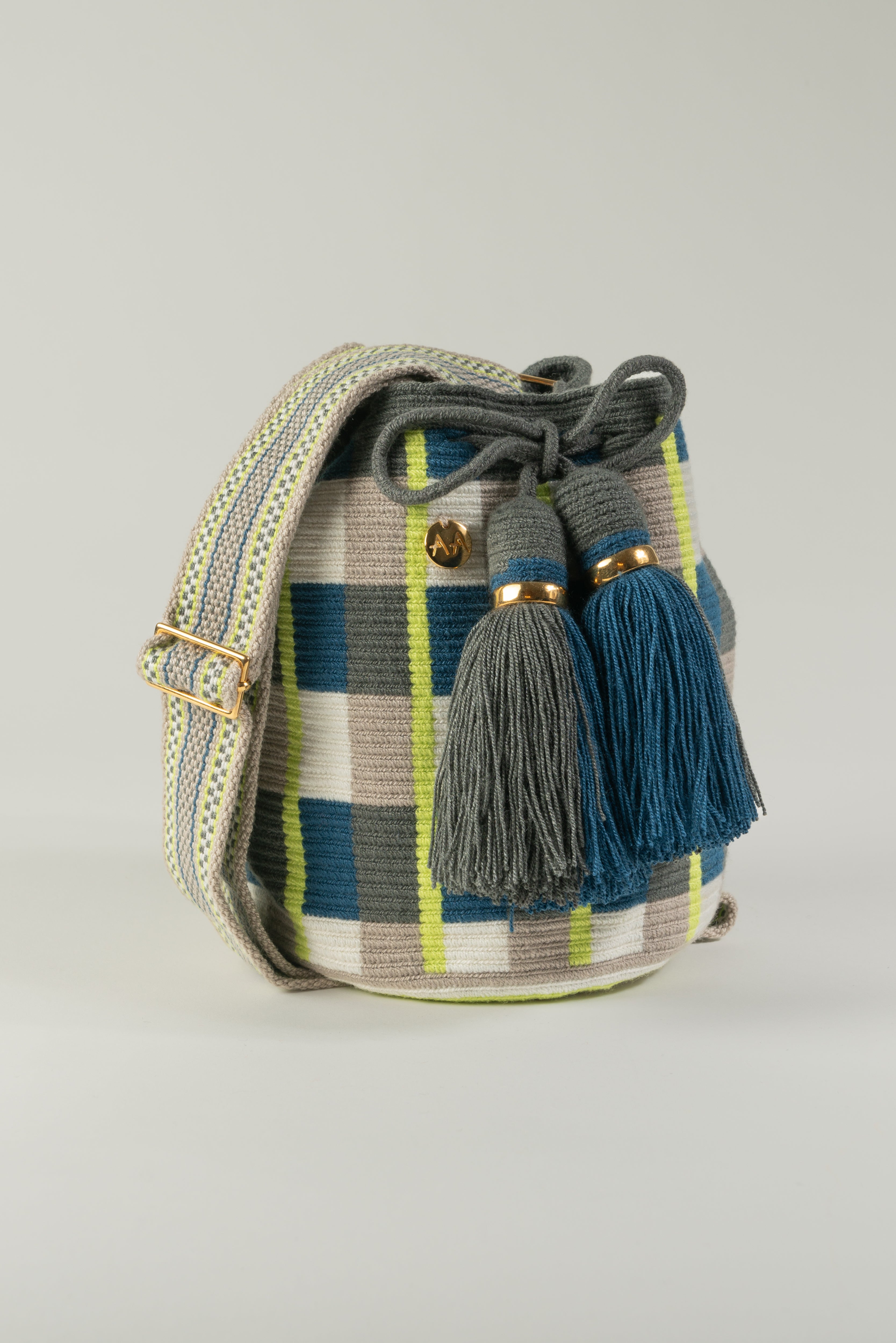 Small Bogota Bucket Bag - Blue Jean, Neon Yellow, Ash & White with Adjustable Strap
