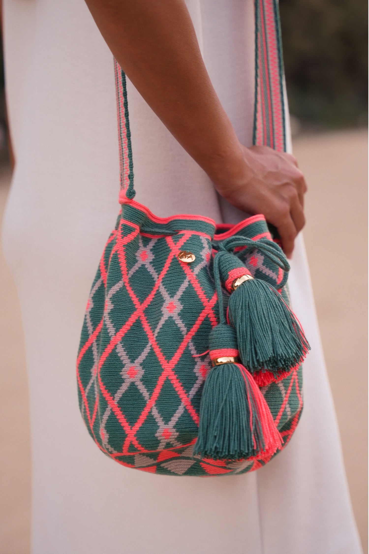 ボスク バケットバッグ ラージ グレープフルーツ/グリーン/リネン