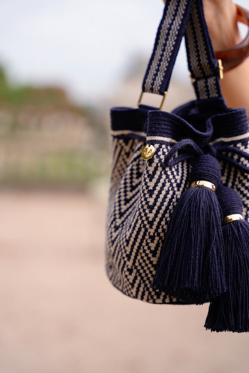 Escama Small crossbody bucket bag - Navy & Beige Adjustable Strap