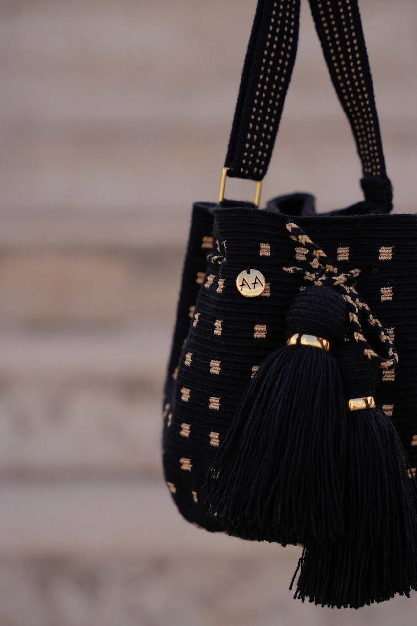 Rumba Small crossbody bucket bag - Black & Gold Adjustable Strap