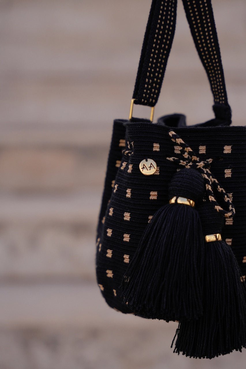 Rumba Small crossbody bucket bag - Black & Gold Adjustable Strap