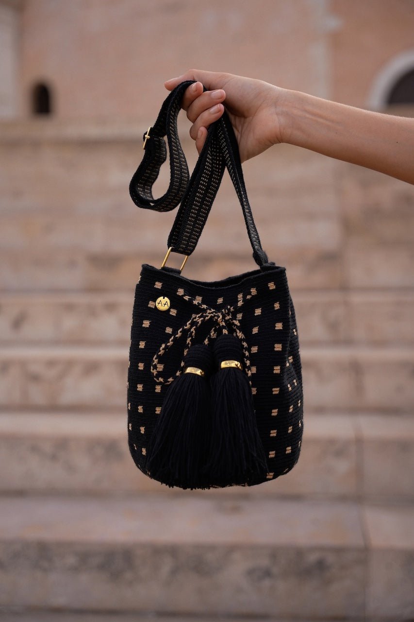 Rumba Medium crossbody bucket bag - Black & Gold Adjustable Strap