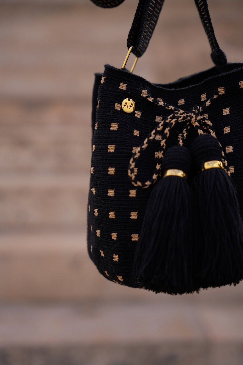 Rumba Medium crossbody bucket bag - Black & Gold Adjustable Strap