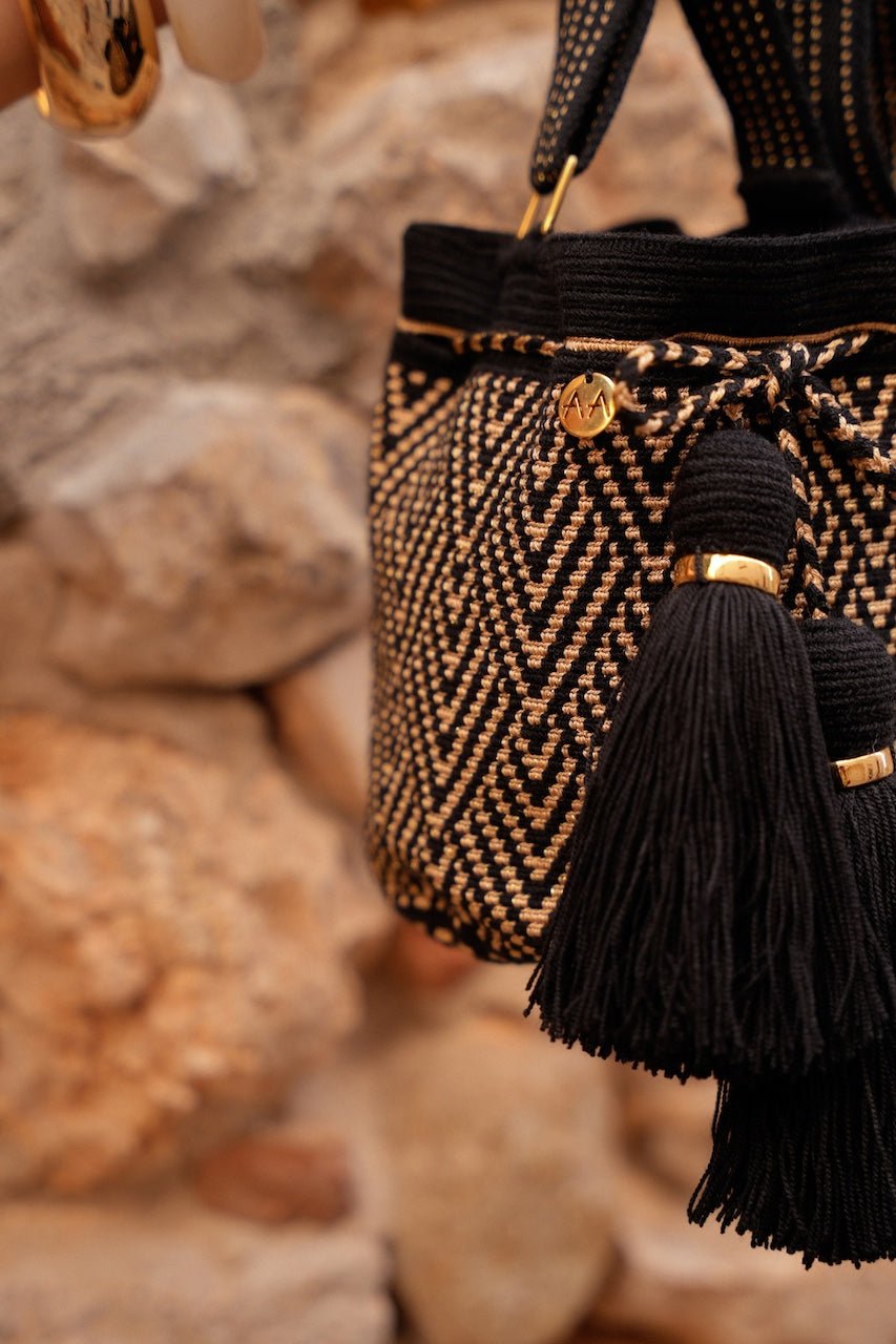 Escama Small crossbody bucket bag - Black & Gold Adjustable Strap