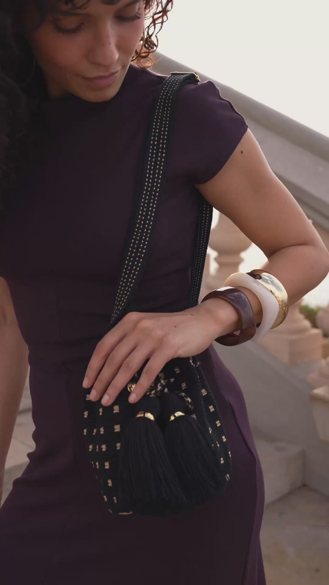 Rumba Small crossbody bucket bag - Black & Gold Adjustable Strap