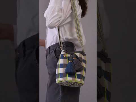 Large Bogota Bucket Bag – Blue Jean, Neon Yellow, Ash & White with Adjustable Strap