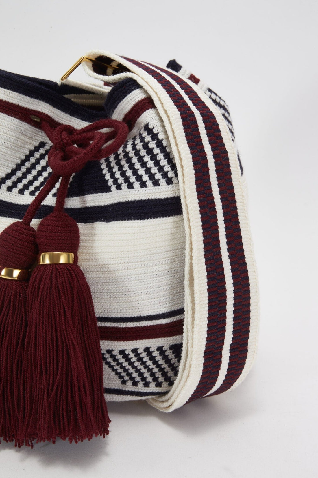 Marina Small crossbody bucket bag - Navy, Burgandy & White Adjustable Strap