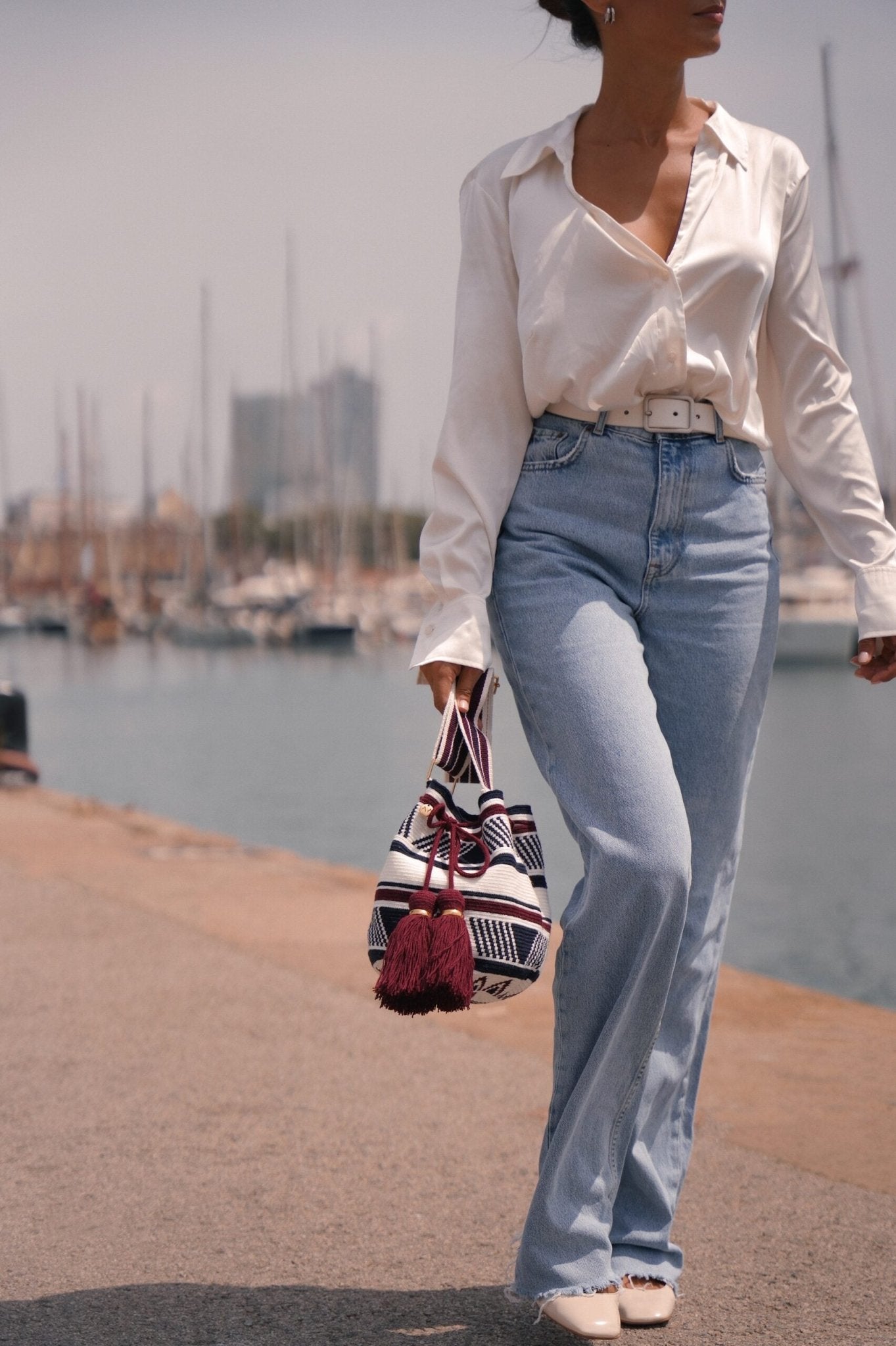 Marina Medium crossbody bucket bag - Navy, Burgandy & White Adjustable Strap