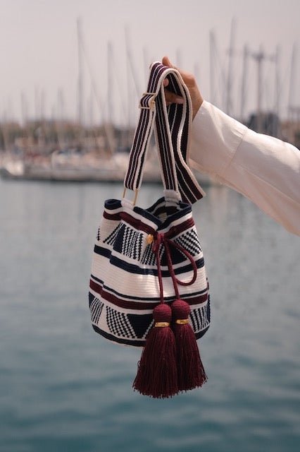 Marina Medium crossbody bucket bag - Navy, Burgandy & White Adjustable Strap