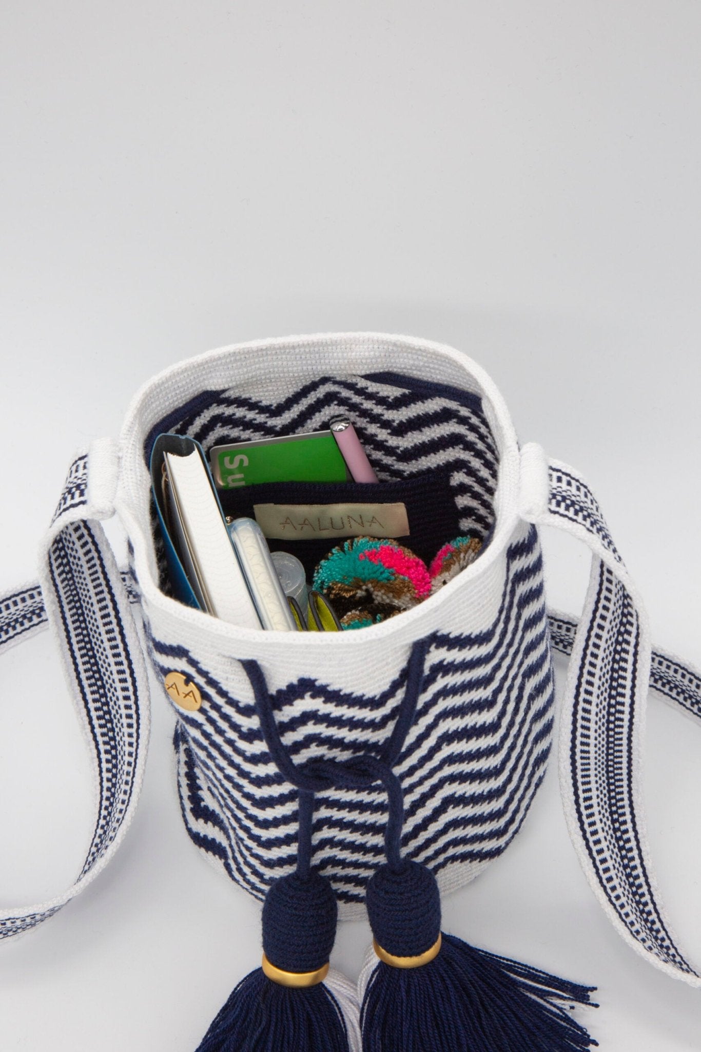 Olas Small Crossbody Bucket Bag in White/Navy