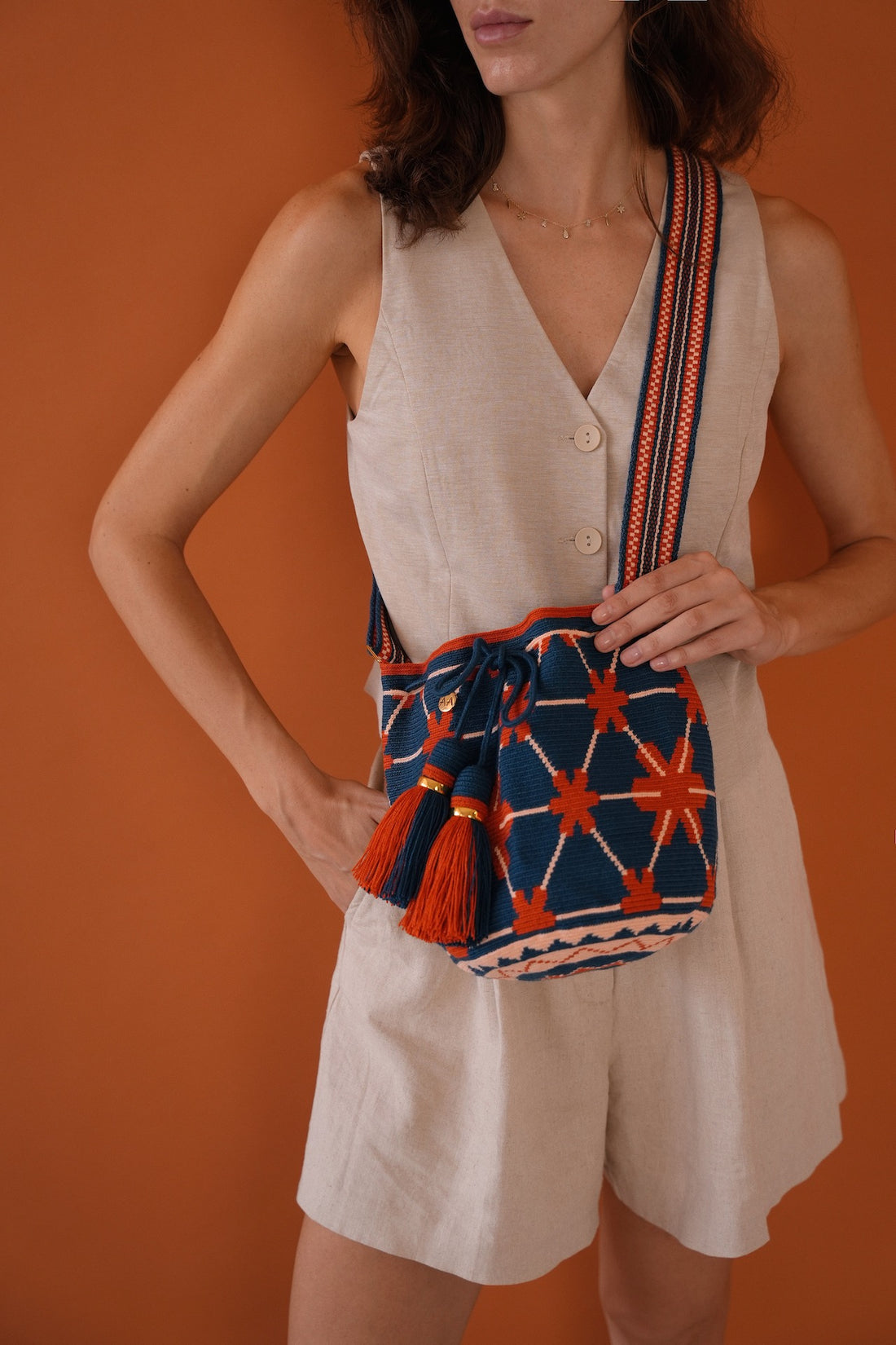 Large Anemone Handbag - Navy, Rust & Powder with Adjustable strap