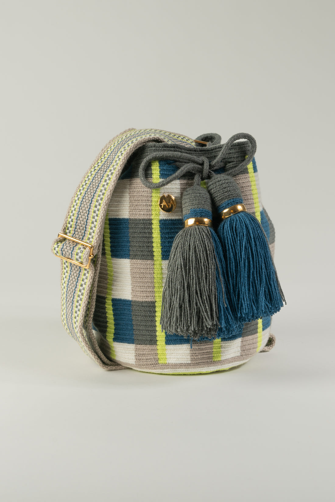 Small Bogota Bucket Bag - Blue Jean, Neon Yellow, Ash & White with Adjustable Strap