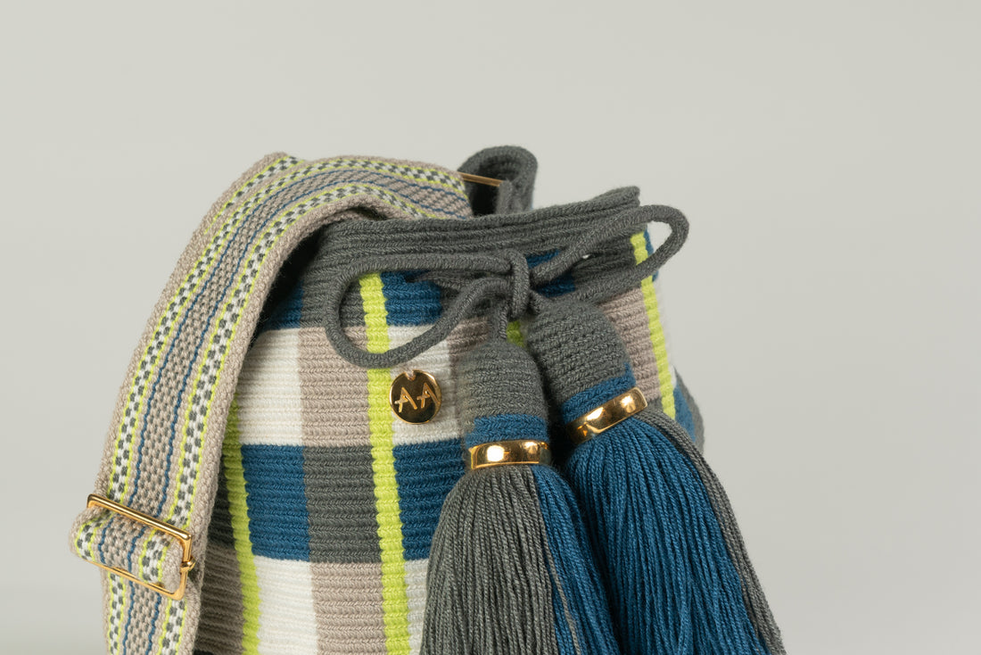Small Bogota Bucket Bag - Blue Jean, Neon Yellow, Ash &amp; White with Adjustable Strap