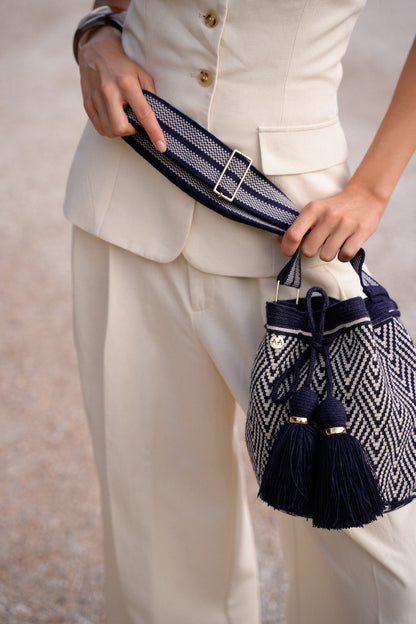 Large Escama Bag - Navy &amp; Beige with Adjustable Strap