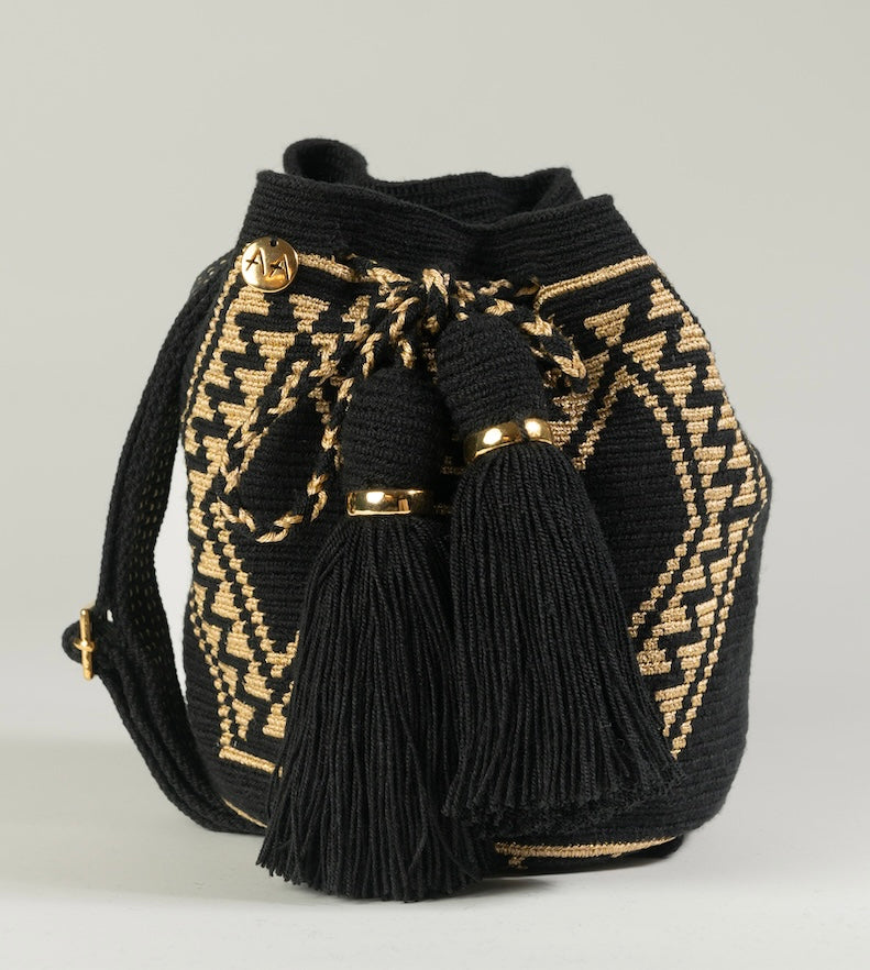 Small Paralouwas Bag - Black &amp; Gold with Adjustable Strap