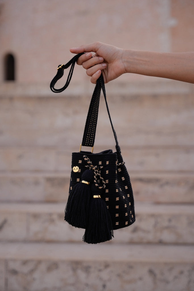 Rumba Small crossbody bucket bag - Black & Gold Adjustable Strap