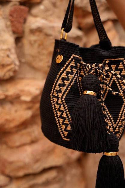 Small Paralouwas Bag - Black &amp; Gold with Adjustable Strap