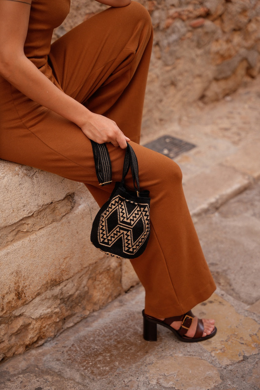 Small Paralouwas Bag - Black &amp; Gold with Adjustable Strap