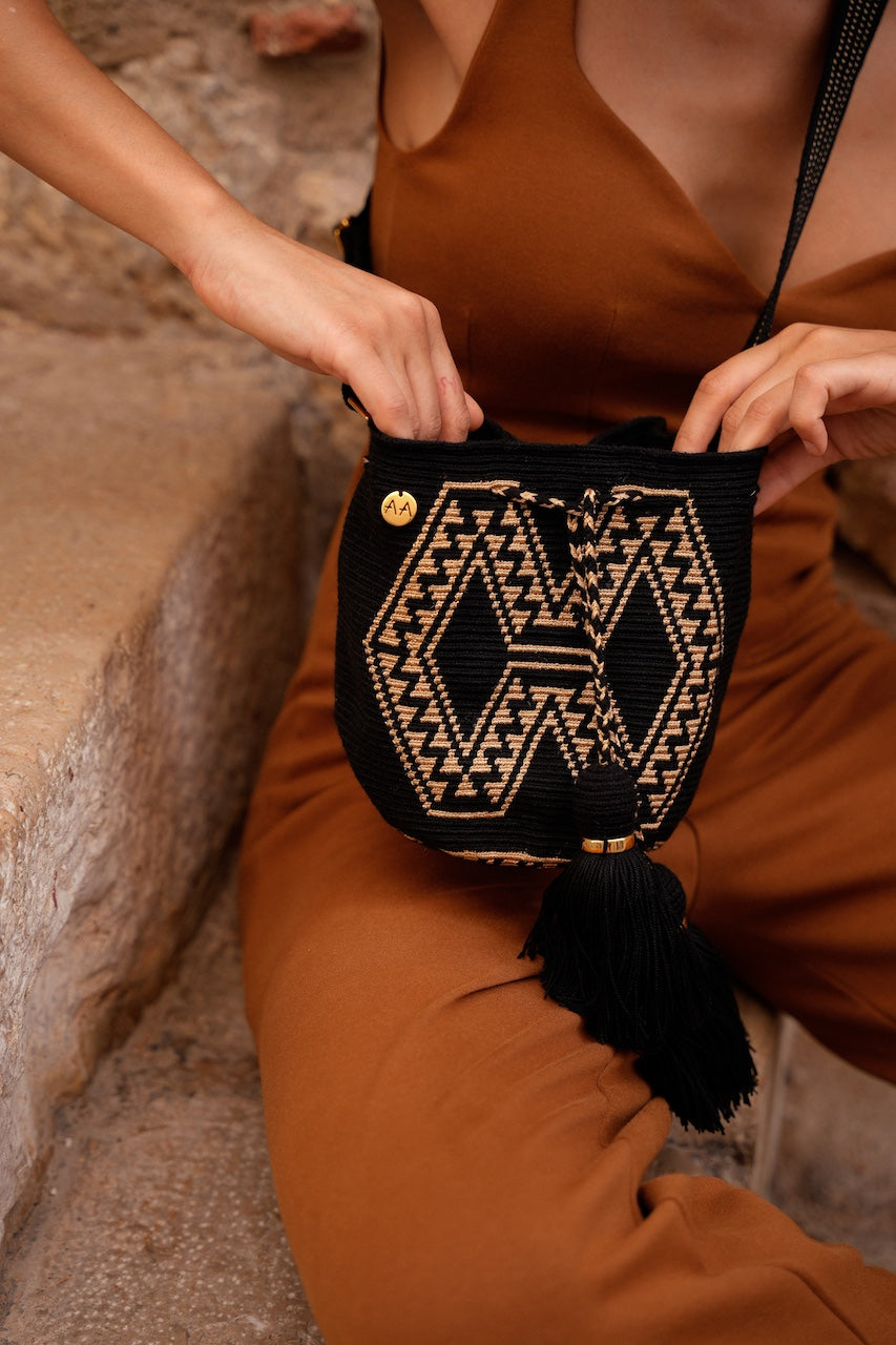 Small Paralouwas Bag - Black &amp; Gold with Adjustable Strap