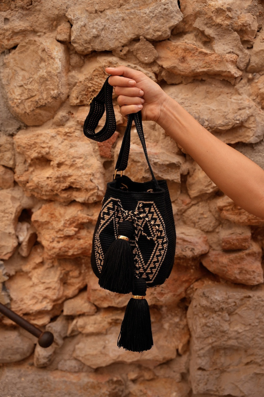 Small Paralouwas Bag - Black &amp; Gold with Adjustable Strap