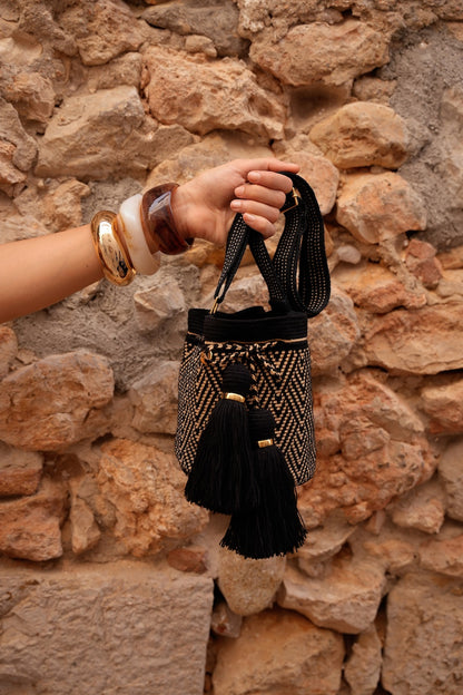 Small Escama Bag - Black &amp; Gold with Adjustable Strap