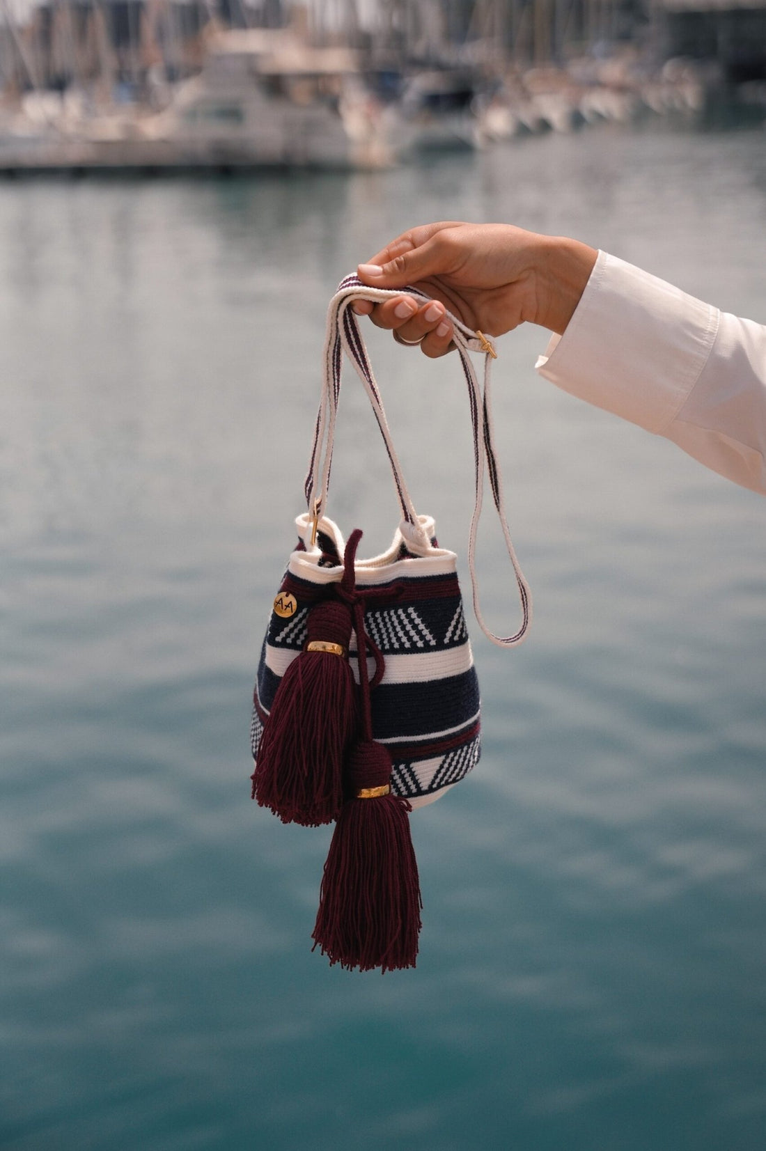 Marina Small crossbody bucket bag - Navy, Burgandy & White Adjustable Strap
