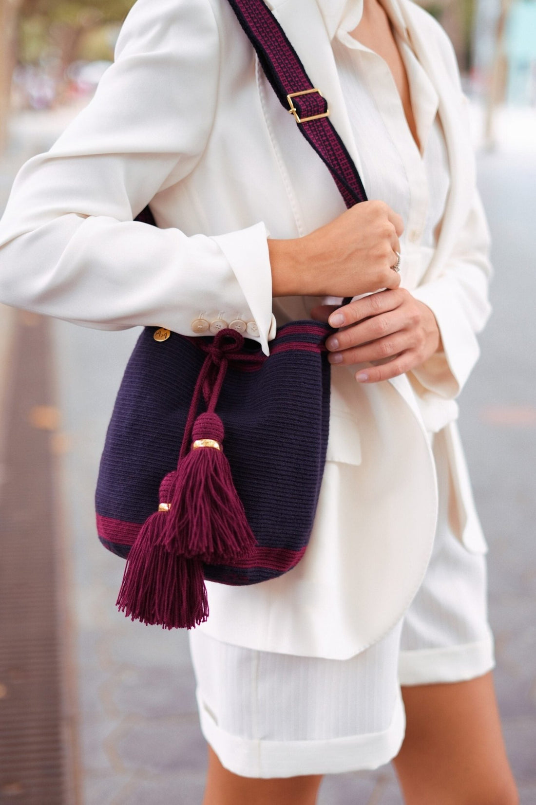 Medium Marina bag - Navy & Burgandy with Adjustable strap